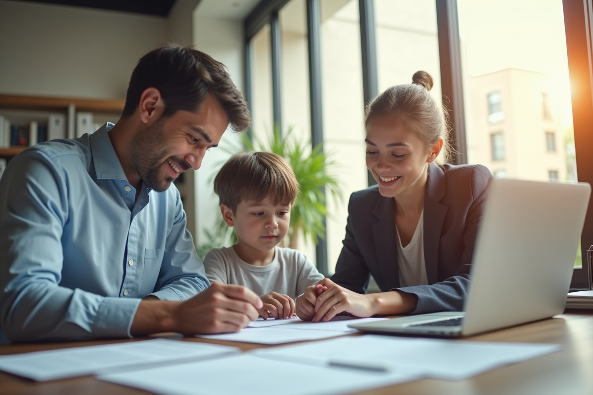 Professionnel expliquant des papiers à un parent avec un enfant dans un bureau lumineux
