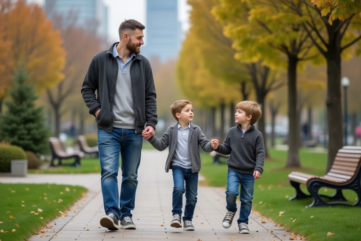 Père et deux garçons se promènent dans un parc urbain