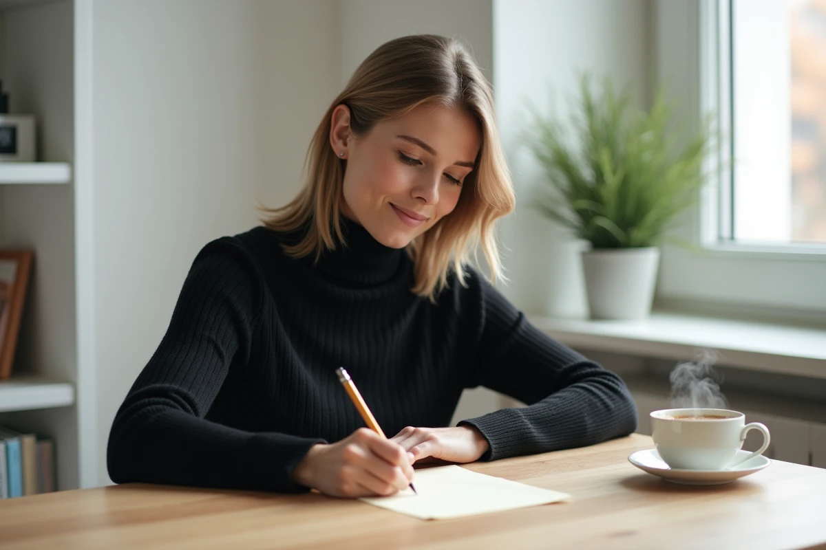 Femme rédigeant une lettre de condoléances à la main à son bureau, papier crème et stylo