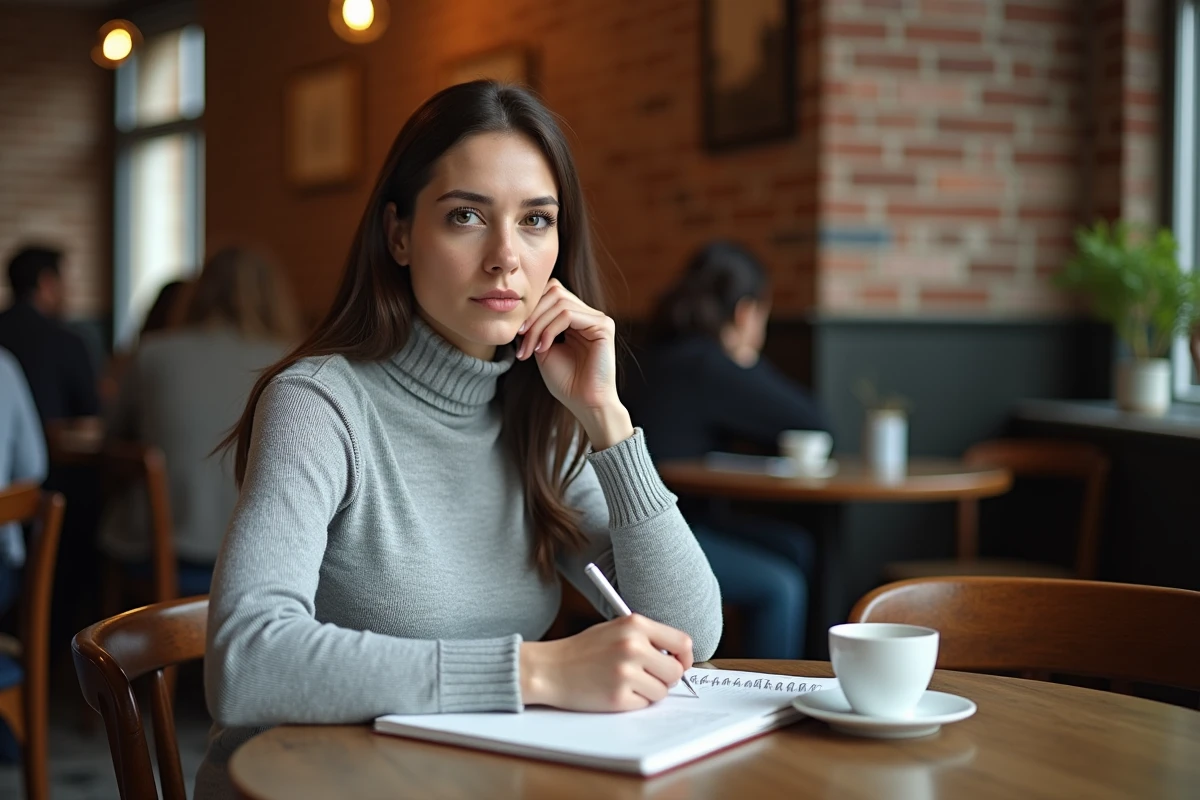 Personne assise seule dans un café parisien prenant des notes dans un carnet, représentant la réflexion sur l'identité familiale et les origines personnelles