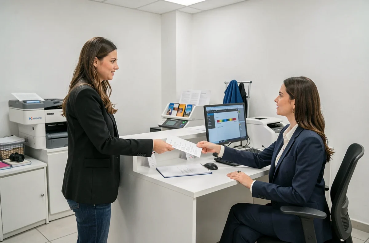 Cliente prenant rendez-vous auprès d'une photographe professionnelle au comptoir d'un studio photo dans un centre Cora