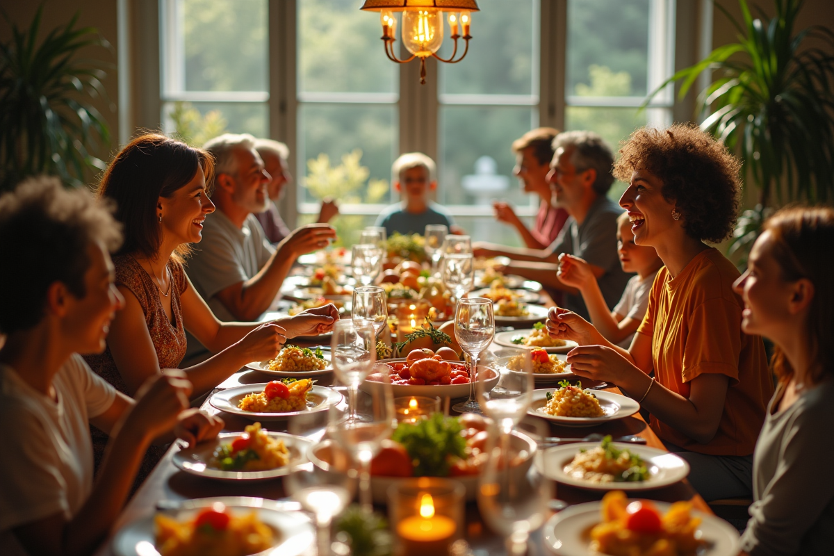 Grand repas familial vu du dessus avec rires et plats colorés