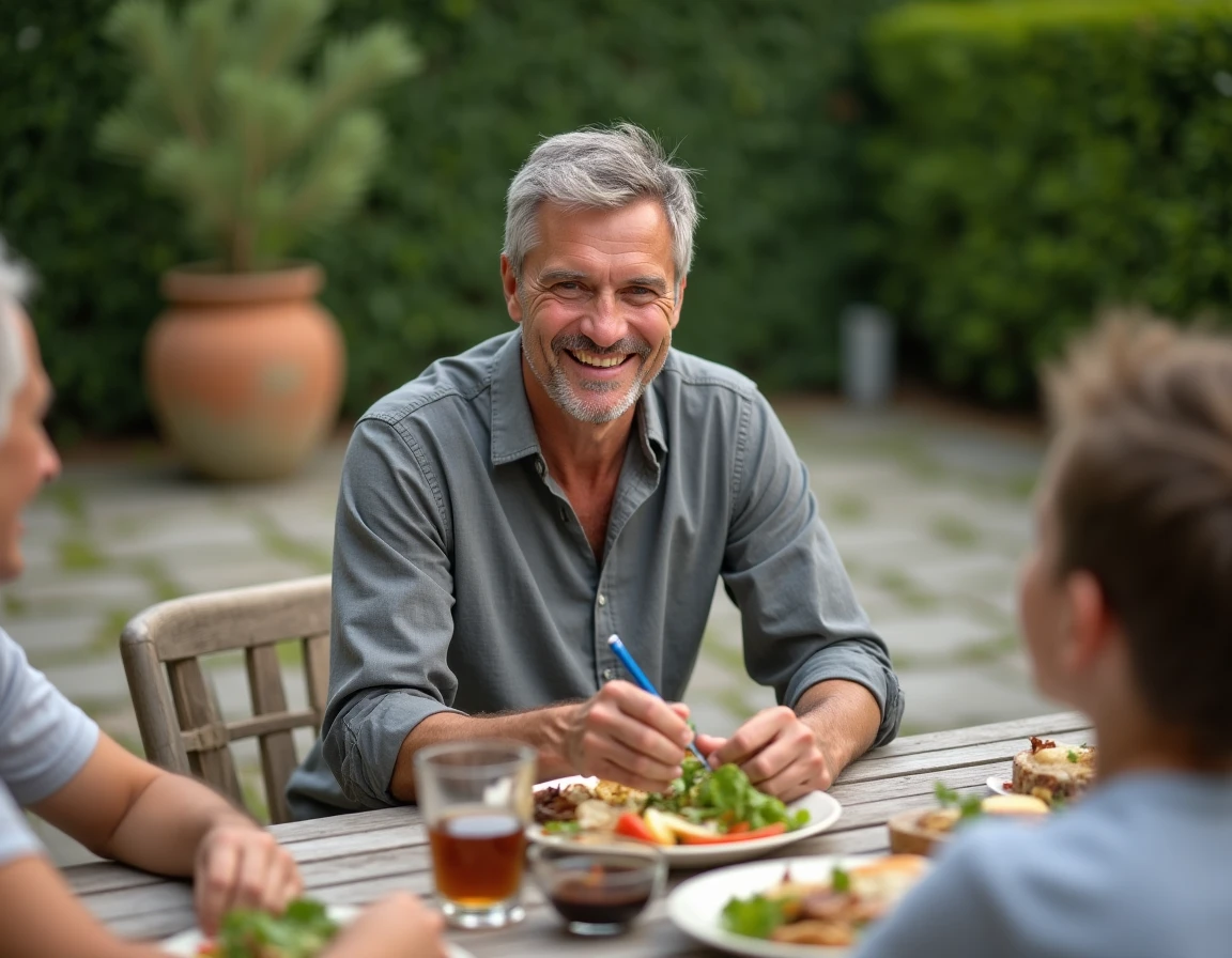 Homme partageant un repas en famille dans un jardin résidentiel français, illustrant l'importance de la vie familiale