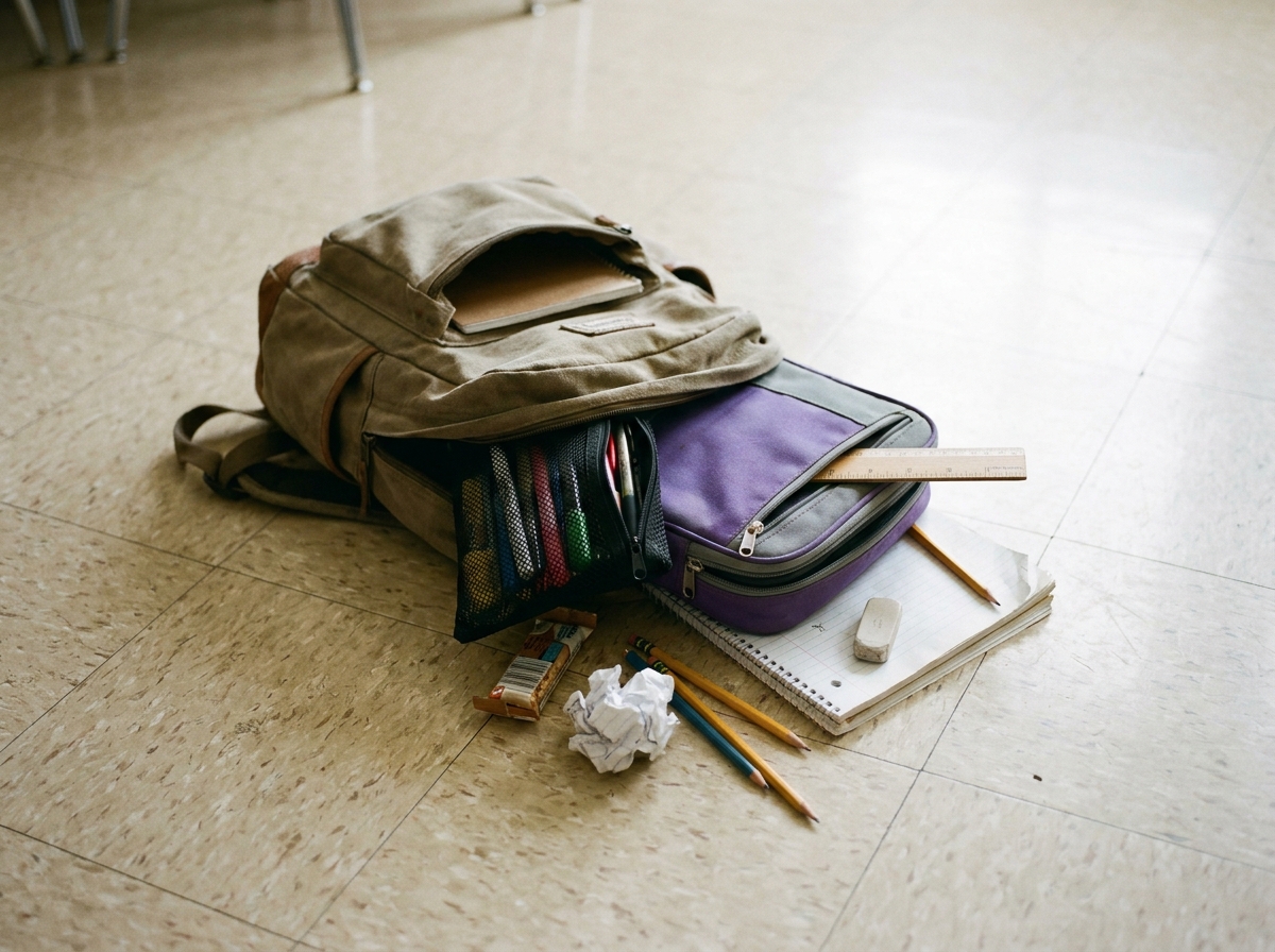Sac à dos scolaire ouvert sur le sol d'une salle de classe avec une trousse simple compartiment et une trousse double compartiment partiellement sorties