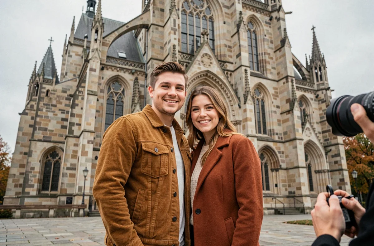 Séance photo professionnelle d'un couple devant la cathédrale de Molsheim avec un photographe en Alsace