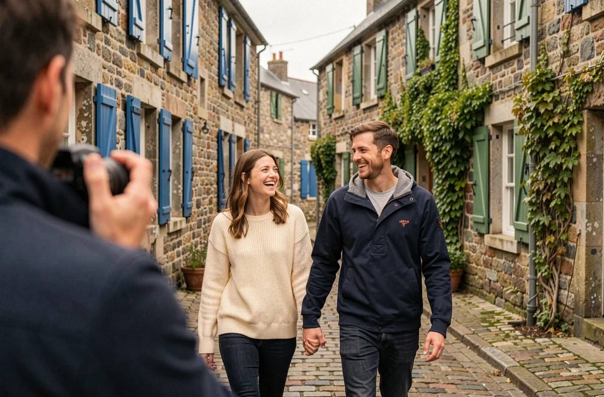Couple en séance photo souvenir dans les ruelles pittoresques du vieux port de Douarnenez