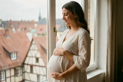 Femme enceinte en robe ivoire tenant son ventre devant une fenêtre avec vue sur les toits de Strasbourg