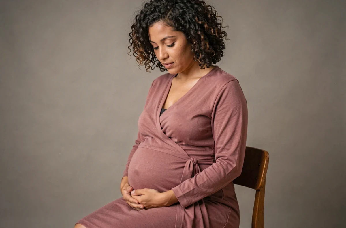 Portrait en studio d'une femme enceinte en robe rose sur fond gris lors d'une séance photo maternité professionnelle