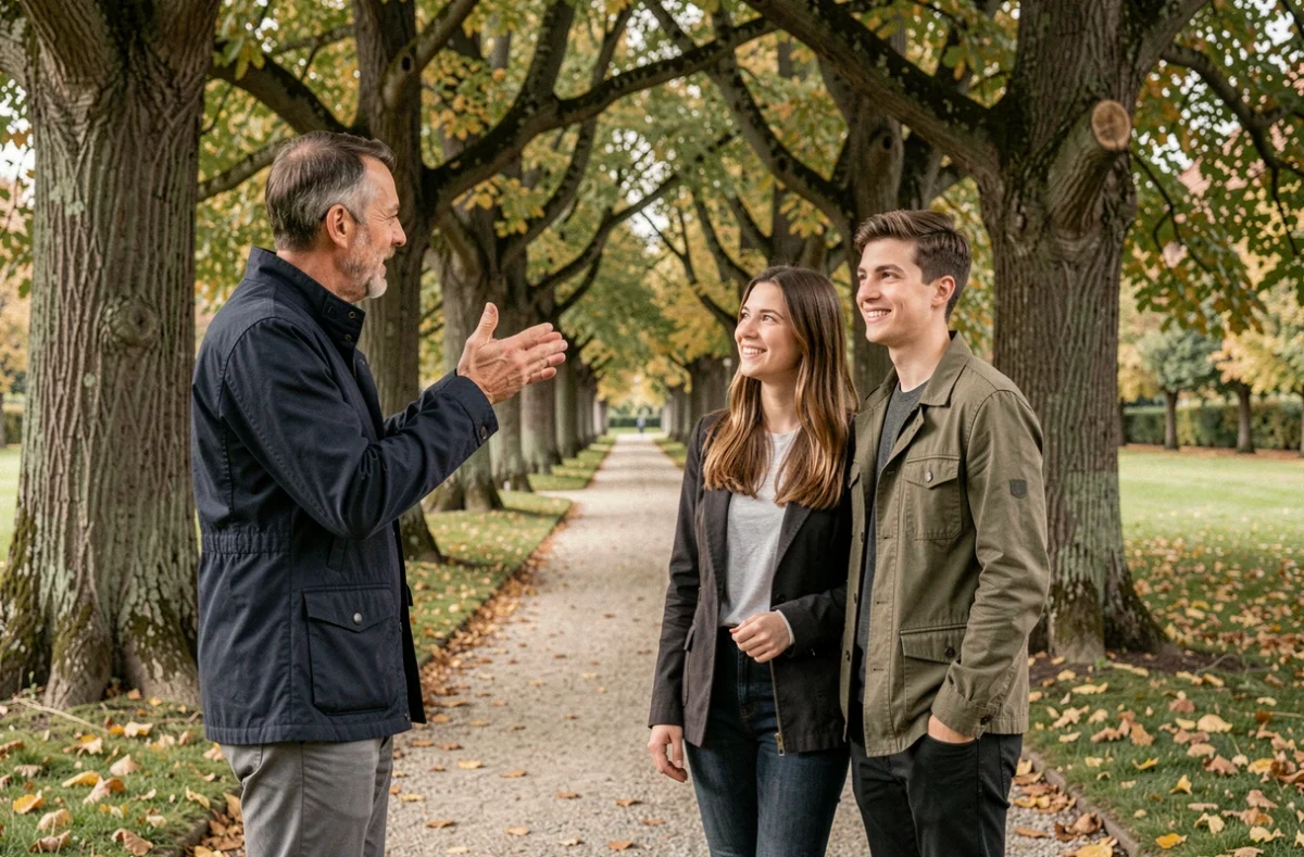 Photographe professionnel dirigeant un couple lors d'un shooting en extérieur dans un parc de Meudon