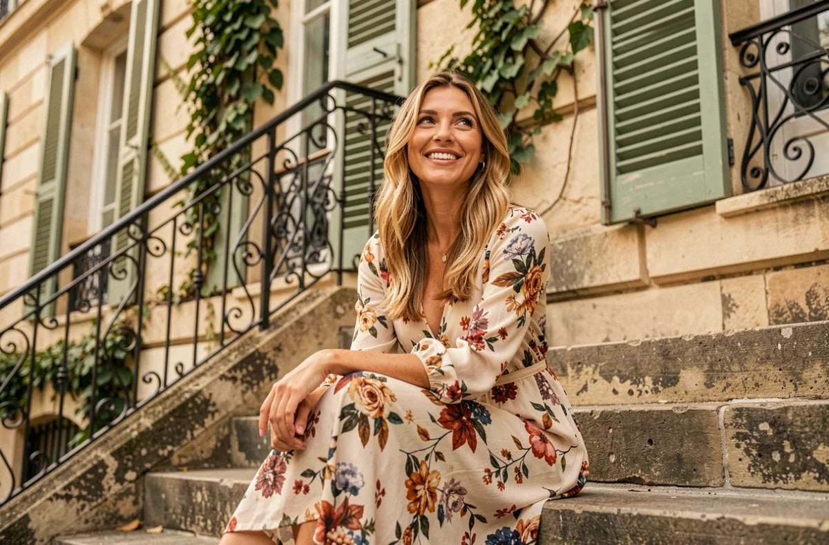 Femme photographiée lors d'un shooting portrait devant une façade typique de Meudon