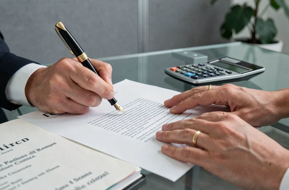 Mains signant un contrat de mariage avec alliances visibles illustrant les régimes matrimoniaux et l'article 220