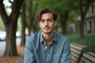 Jeune homme au prénom Evan assis dans un parc urbain, expression douce et assurée, portrait éditorial naturaliste