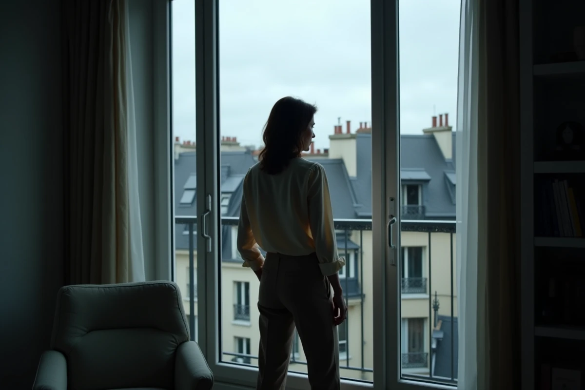 Silhouette de femme de dos devant une fenêtre avec vue sur les toits de Paris, évoquant l'introspection et le mystère public