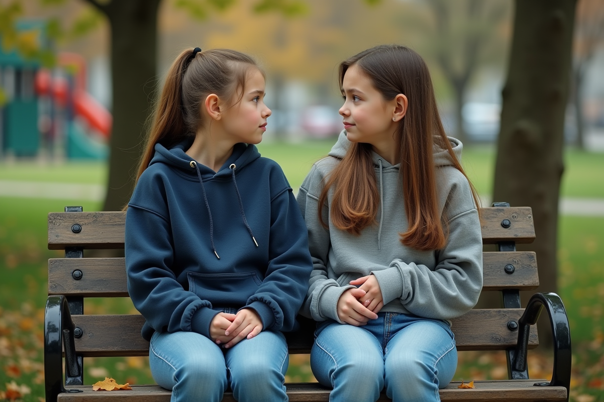 Deux sœurs adolescentes assises sur un banc de parc pensives