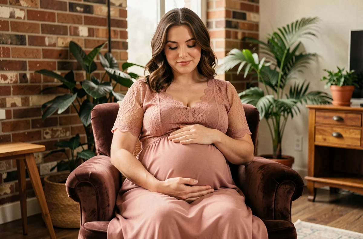Séance maternité au Studio Bontant à Paris, femme enceinte en robe rose en dentelle assise dans un fauteuil en velours