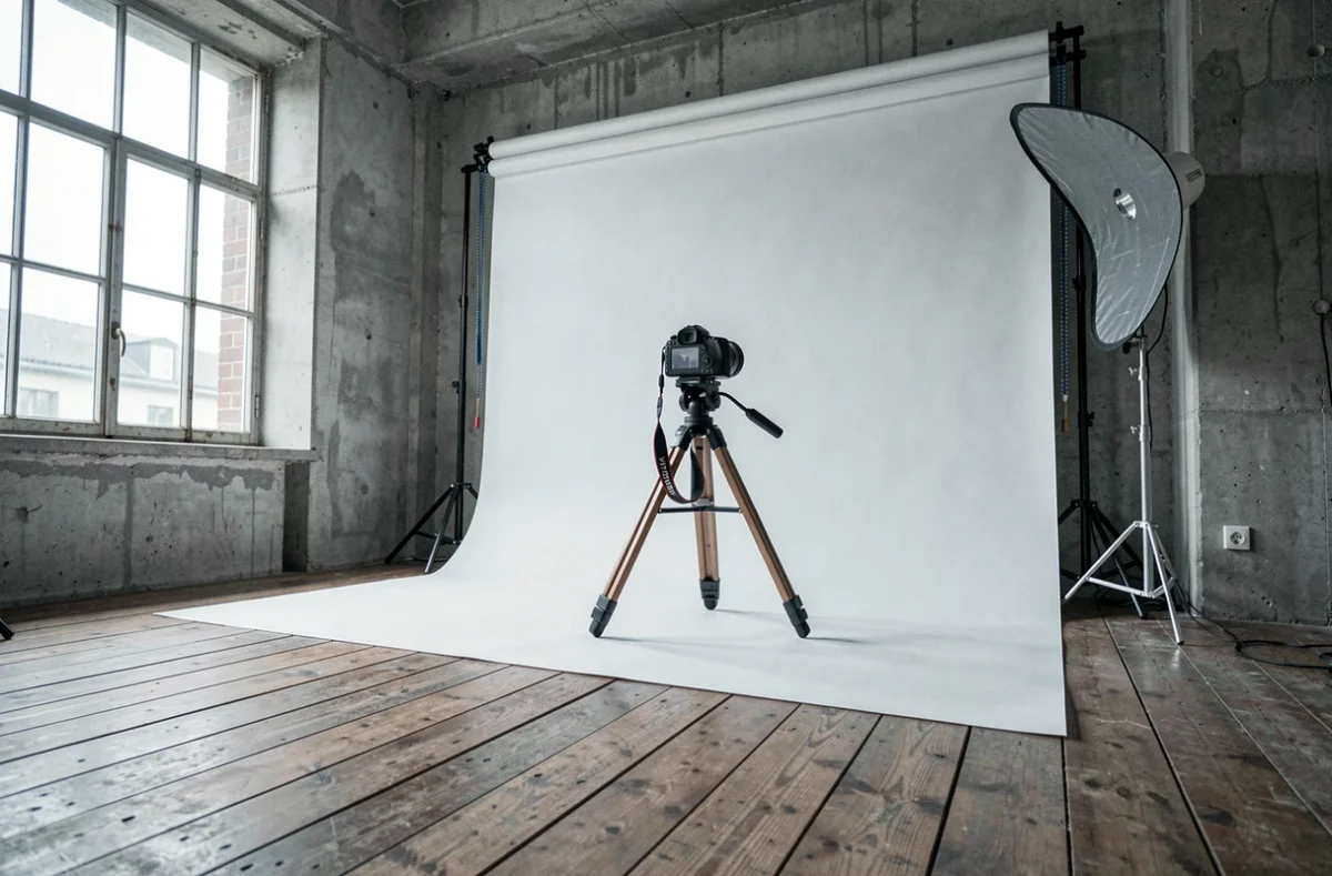 Studio photo professionnel à Meudon avec fond blanc, trépied et équipement photographique