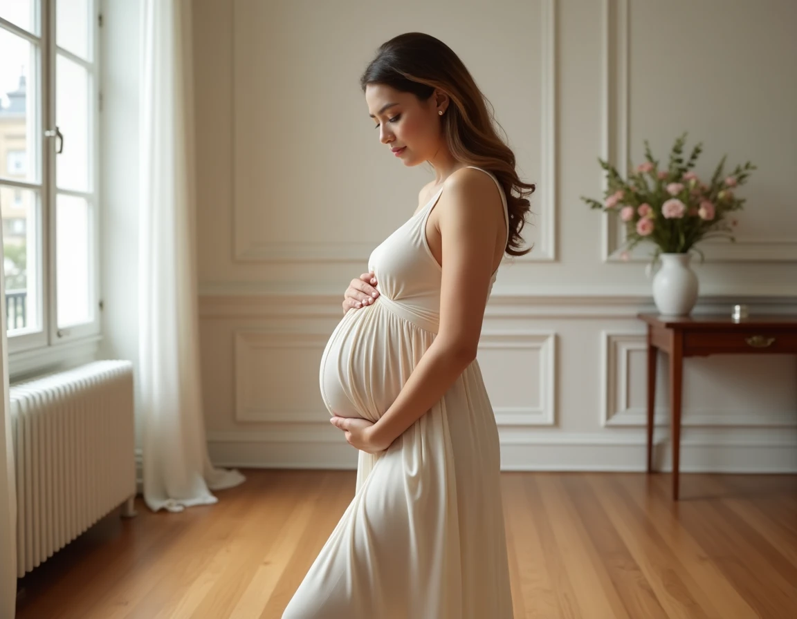 Séance photo de grossesse au Studio Zangarelli à Paris, femme enceinte en robe crème dans un décor classique et élégant