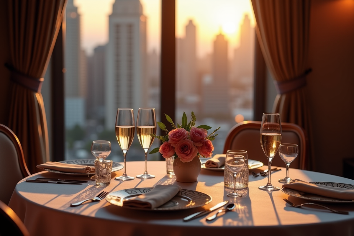 Table élégante pour deux avec champagne et roses