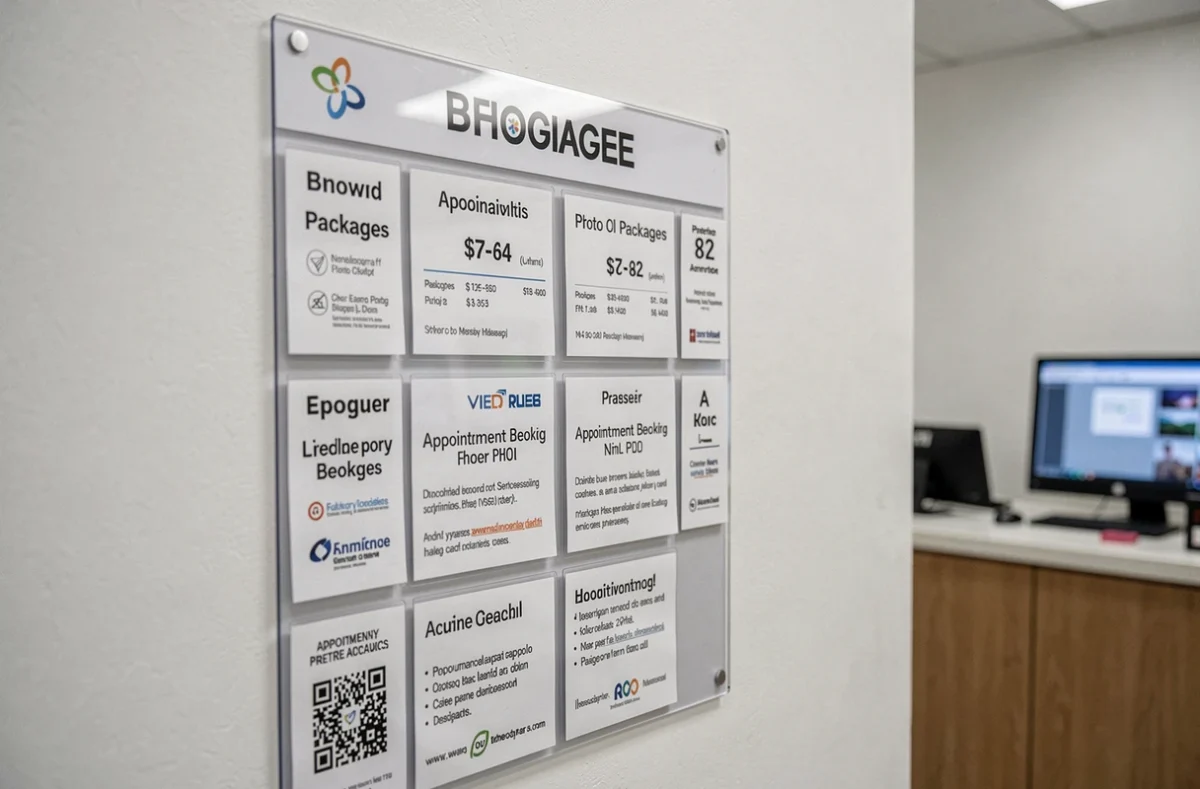 Panneau d'affichage des tarifs et informations de prise de rendez-vous dans un studio photographique de centre commercial