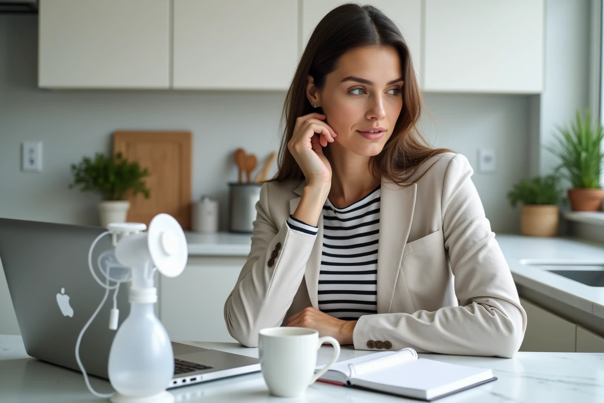Femme préparant son retour au travail avec un tire-lait posé sur une table de cuisine moderne, planifiant l'organisation de l'allaitement lors de la reprise professionnelle après le congé maternité