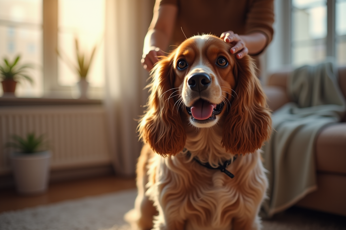 Toilettage doux d un cocker spaniel dans un salon chaleureux