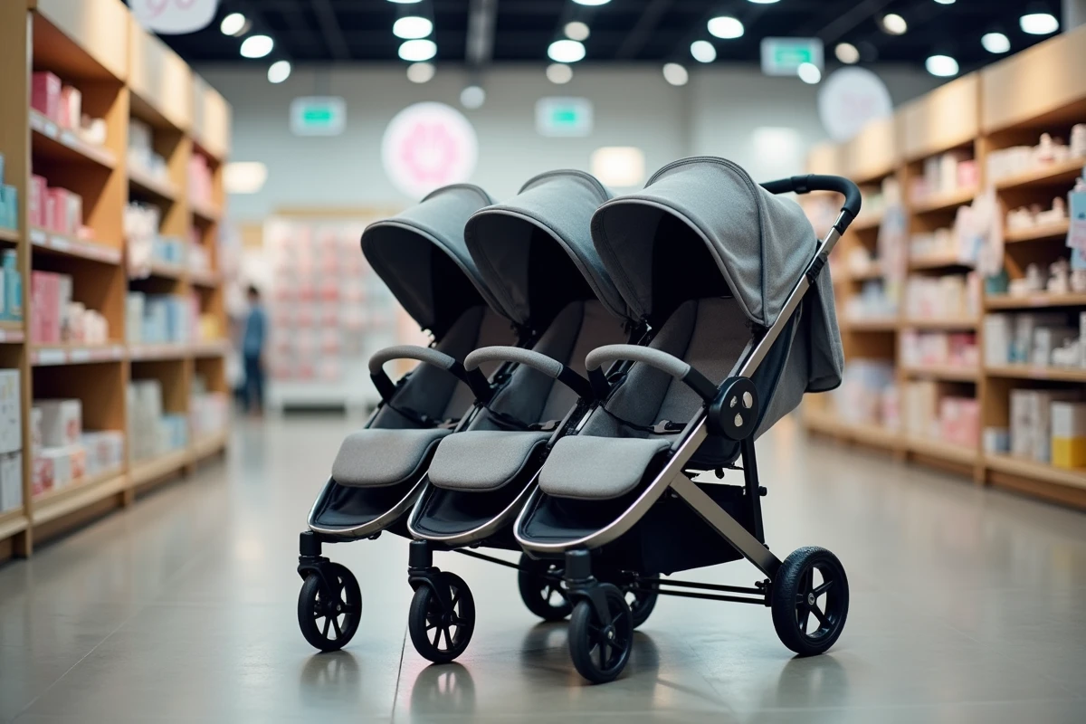 Triple poussette côte à côte exposée en magasin de puériculture avec étiquette de prix, guide d'achat bon plan 2026