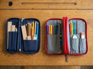 Comparaison entre une trousse simple compartiment et une trousse double compartiment ouverte sur un bureau scolaire en bois avec des stylos et crayons bien rangés