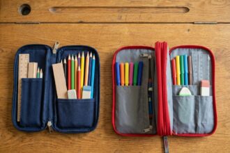 Comparaison entre une trousse simple compartiment et une trousse double compartiment ouverte sur un bureau scolaire en bois avec des stylos et crayons bien rangés