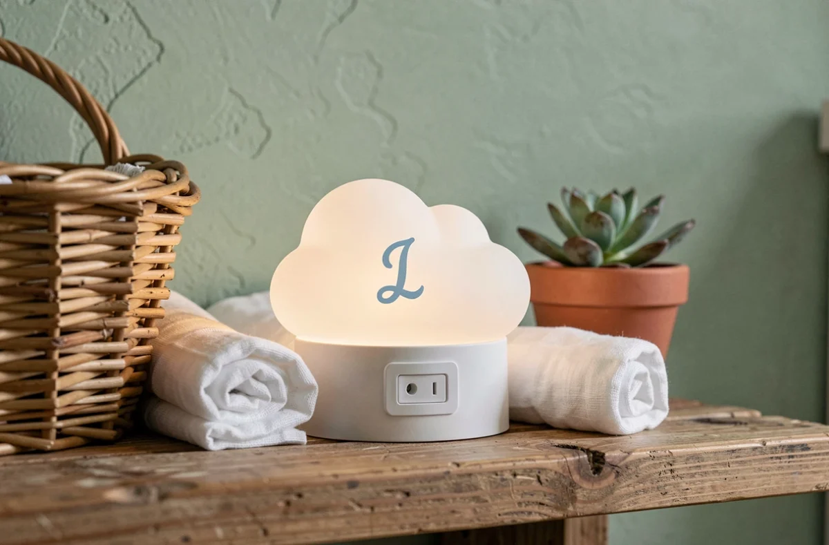 Veilleuse personnalisable sur piles en silicone posée sur une étagère en bois dans une chambre de bébé