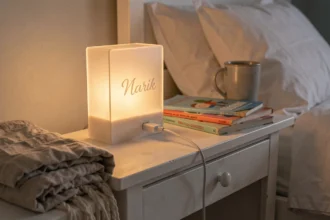 Veilleuse personnalisable branchée en USB sur une table de chevet en bois blanc dans une chambre cosy
