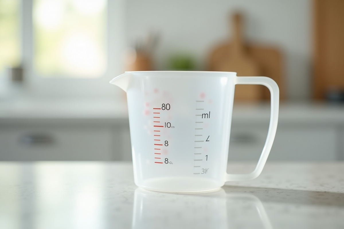 Verre doseur en plastique avec 80 ml en focus dans la cuisine