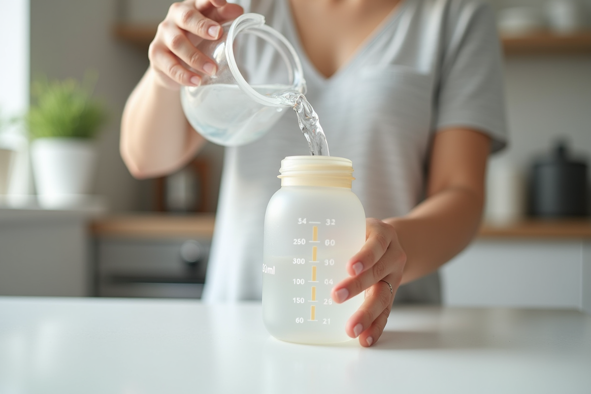 Main d'un parent versant de leau dans un biberon bébé