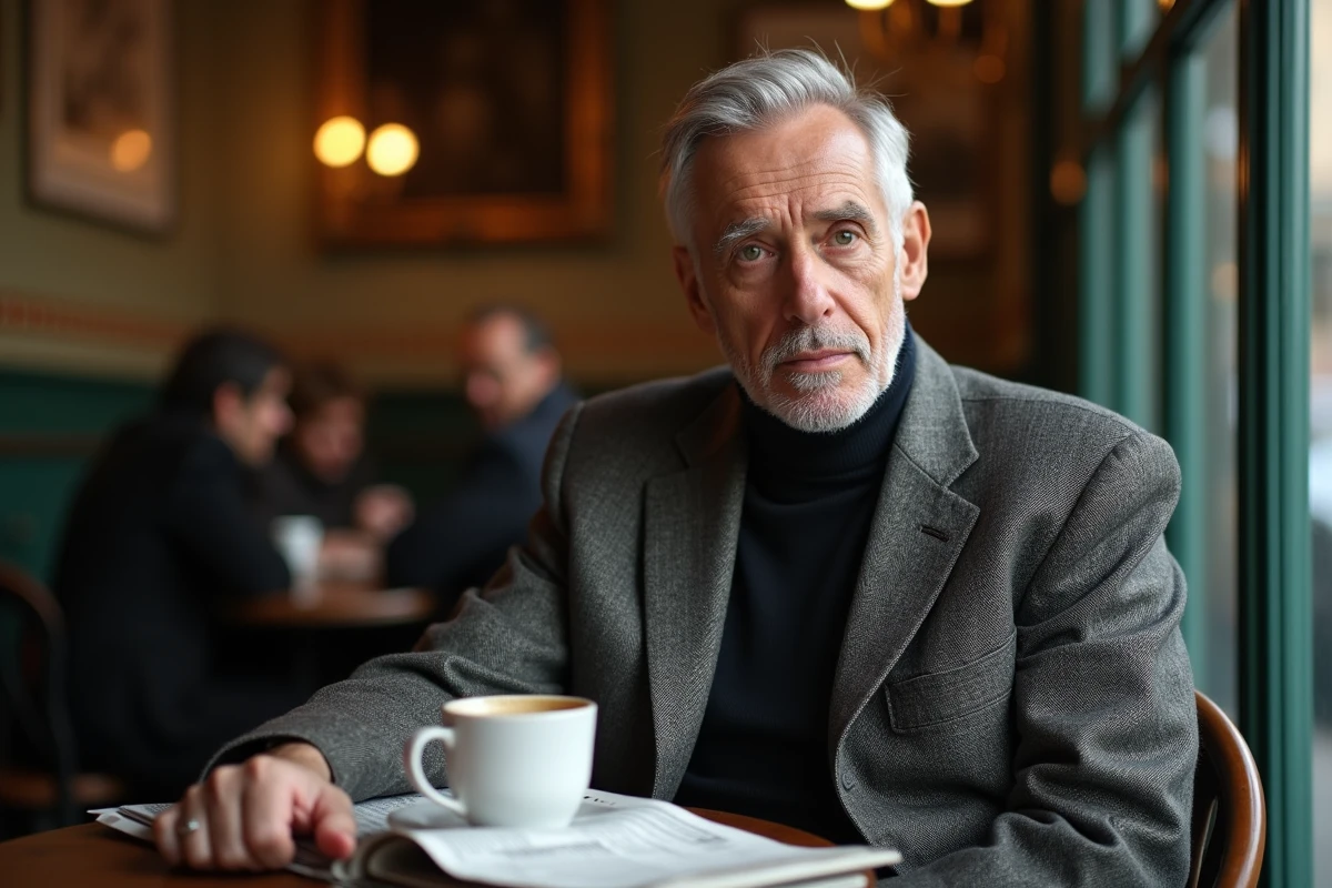 Homme influent assis seul dans une brasserie parisienne, atmosphère intimiste et regard pensif évoquant la dualité vie privée et sphère publique