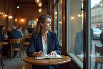 Femme lisant seule dans un café parisien, symbolisant l'intimité et la vie privée dans un espace public