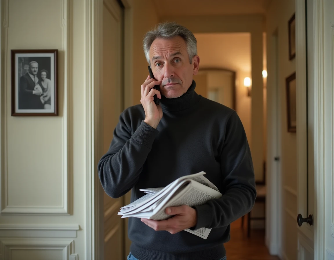 Homme en appartement haussmannien absorbé par un appel professionnel, symbolisant l'intrusion du travail dans la sphère privée