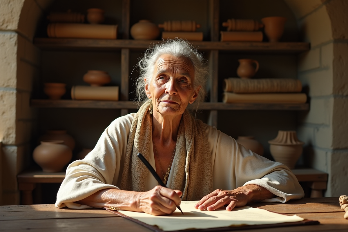 Femme agee méditerranéenne écrivant à la plume